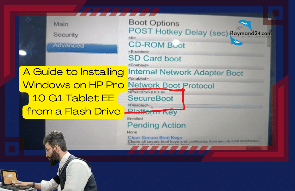 Laptop boot menu displaying options for installing Windows on HP Pro 10 G1 Tablet EE from a flash drive
