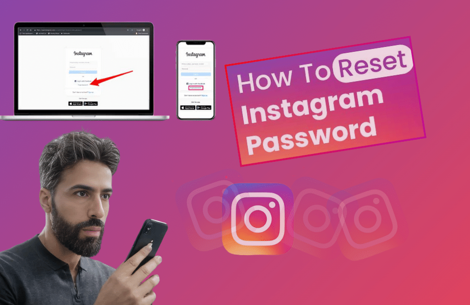 Collage of Instagram app screenshots showing various password recovery methods.